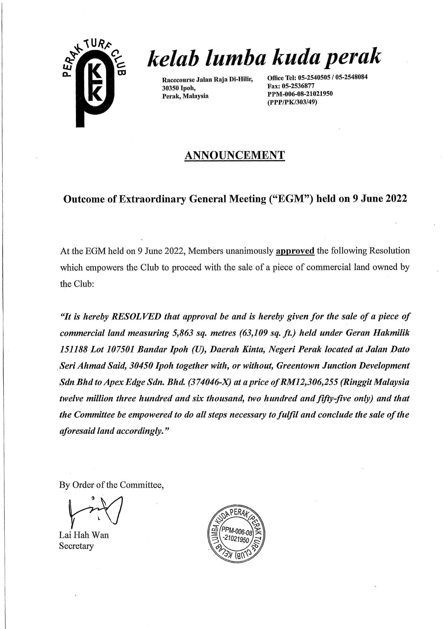 Outcome of Extraordinary General Meeting